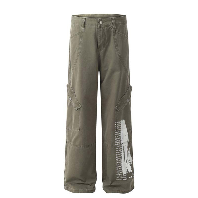 Men's Multi-pocket Letter Printed Straight Jeans Loose Casual Trousers